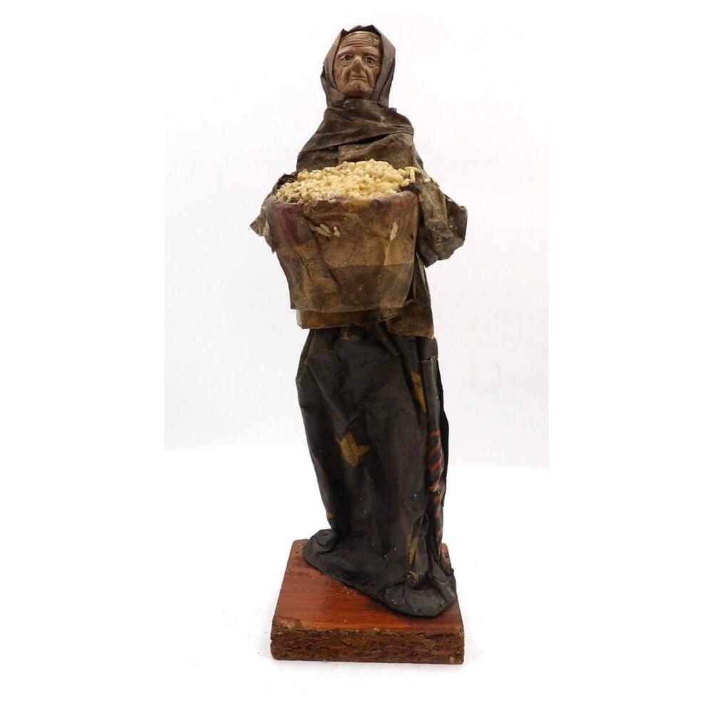 Viejita Papel Mache Old Woman with basket of Rice Papier Mache 12x3½x3½ Mexico